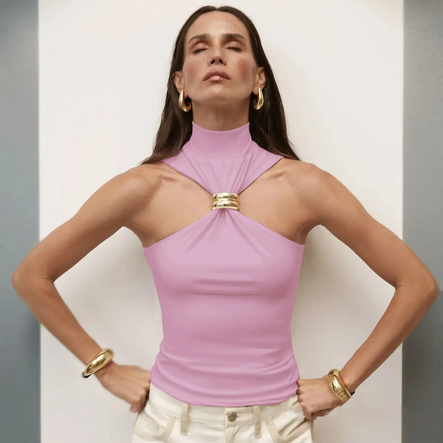 Mozision Turtleneck Basic Knit Tank Tops Women Vest Pullovers Metal Ring Camisole Sleeveless Skinny Knitted Tops Y2K Cropped Top