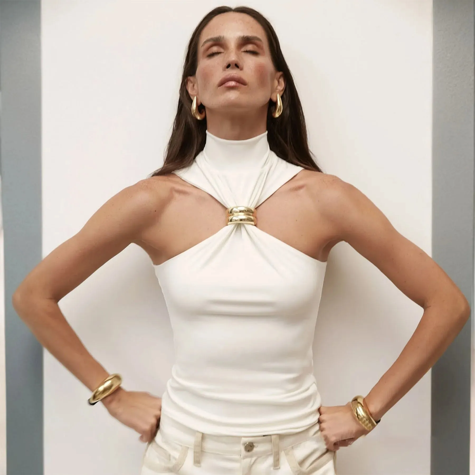 Mozision Turtleneck Basic Knit Tank Tops Women Vest Pullovers Metal Ring Camisole Sleeveless Skinny Knitted Tops Y2K Cropped Top
