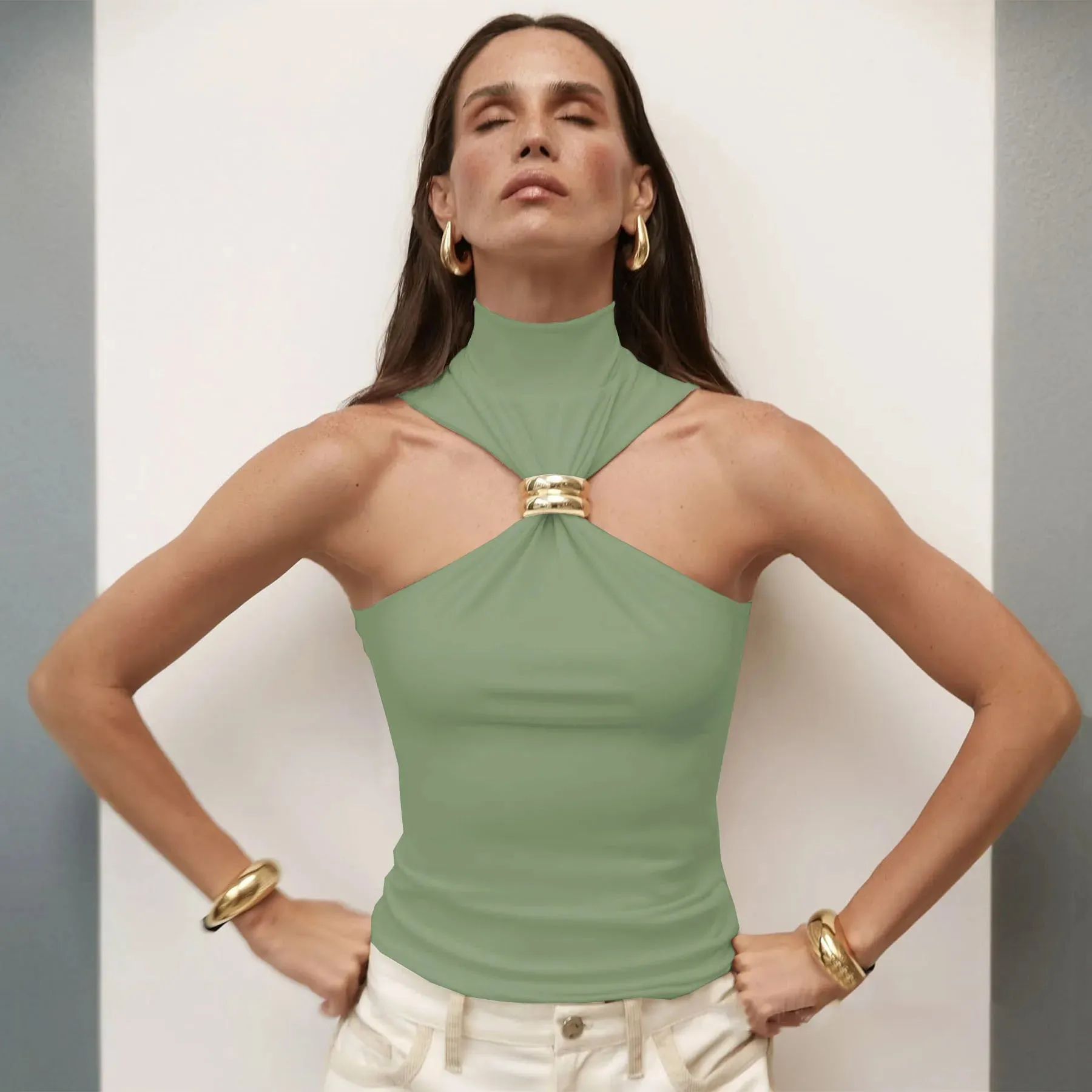 Mozision Turtleneck Basic Knit Tank Tops Women Vest Pullovers Metal Ring Camisole Sleeveless Skinny Knitted Tops Y2K Cropped Top