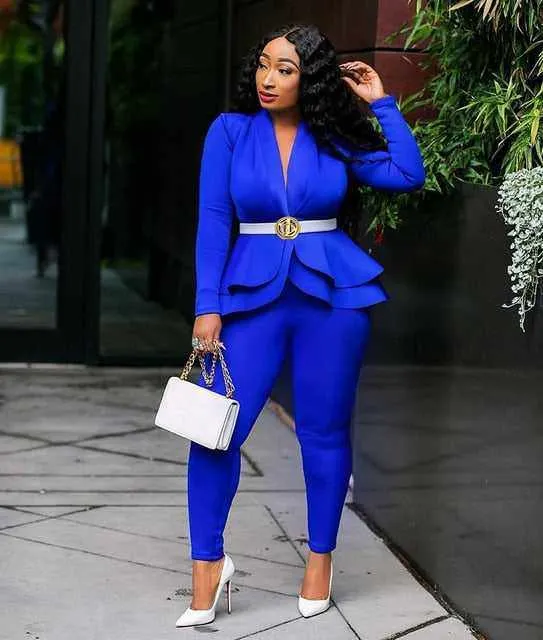 New Elegant Women's Winter Ruffles Blazers Pencil Pants Suits