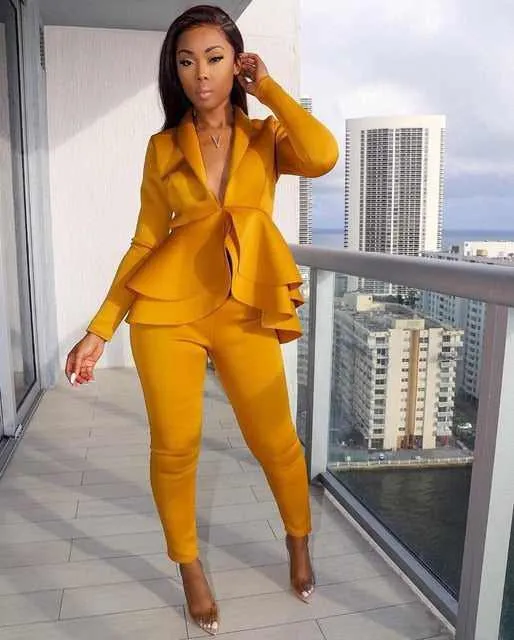 New Elegant Women's Winter Ruffles Blazers Pencil Pants Suits