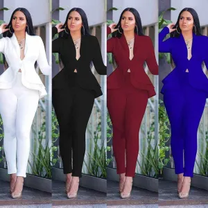 New Elegant Women's Winter Ruffles Blazers Pencil Pants Suits