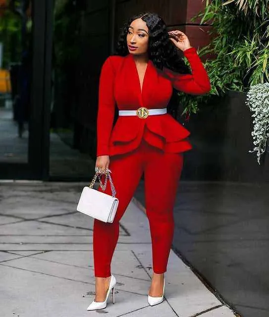 New Elegant Women's Winter Ruffles Blazers Pencil Pants Suits