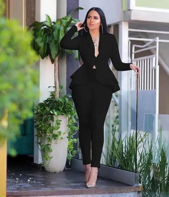 New Elegant Women's Winter Ruffles Blazers Pencil Pants Suits