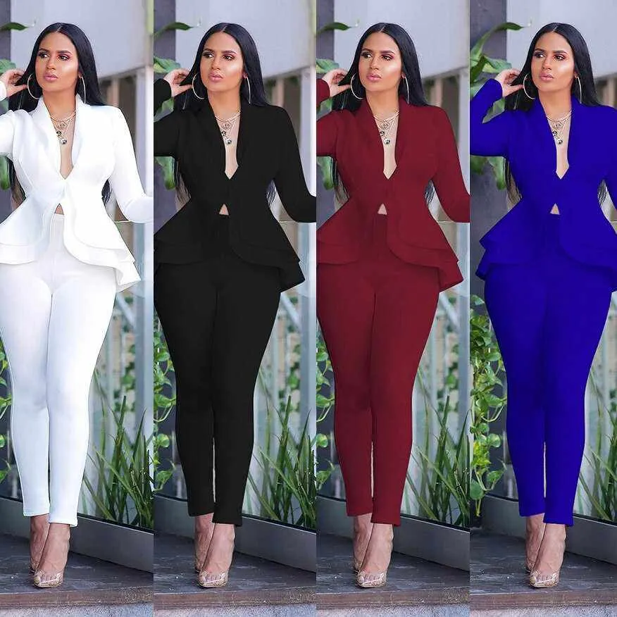 New Elegant Women's Winter Ruffles Blazers Pencil Pants Suits