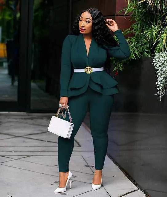 New Elegant Women's Winter Ruffles Blazers Pencil Pants Suits