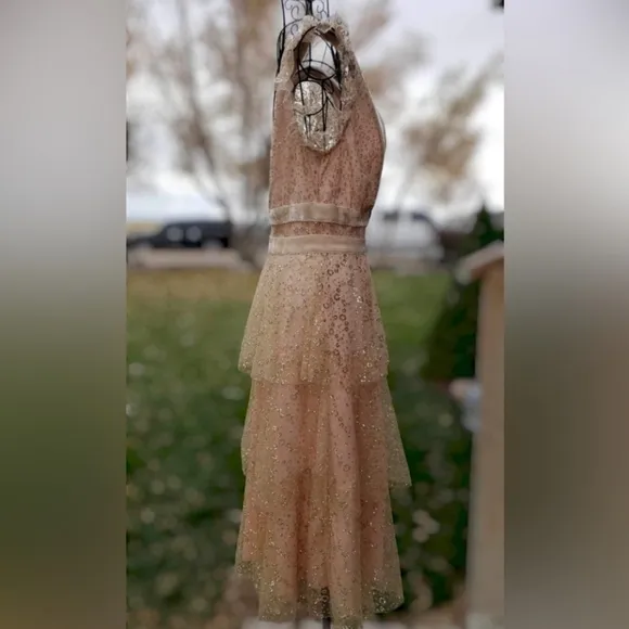 NWT Lulu's Stunning Love Nude and Gold Glitter Tiered Midi Dress, Size S