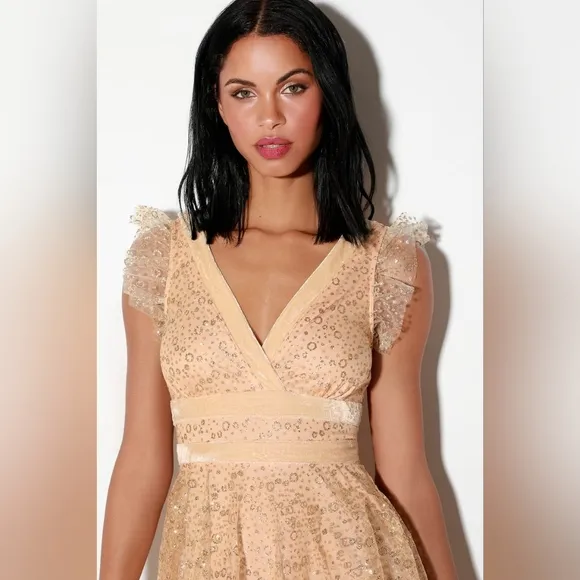 NWT Lulu's Stunning Love Nude and Gold Glitter Tiered Midi Dress, Size S