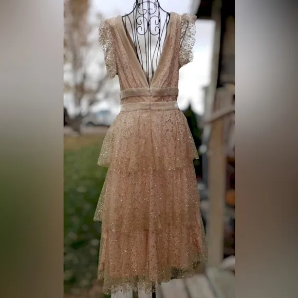 NWT Lulu's Stunning Love Nude and Gold Glitter Tiered Midi Dress, Size S