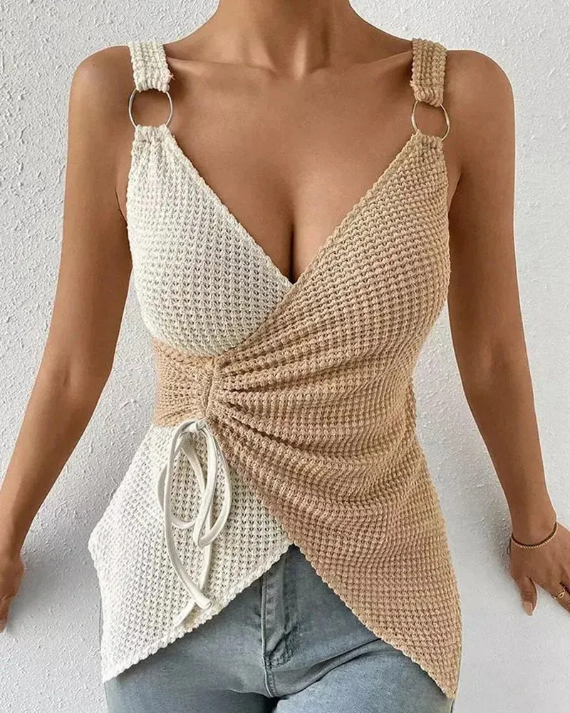 O-Ring Decor Drawstring Top Women Knitwear Summer Spring V Neck Sleeveless Tops
