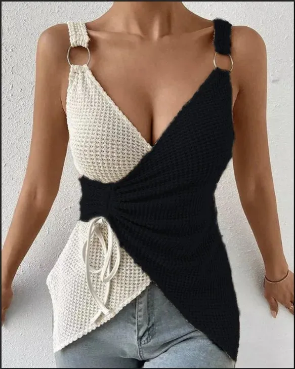 O-Ring Decor Drawstring Top Women Knitwear Summer Spring V Neck Sleeveless Tops