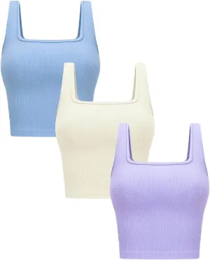 OLCHEE Womens 3 Pack Crop Tank Tops Basic Seamless Ribbed Sleeveless Square Neck Workout Top Summer Exercise Yoga Gym Shirts