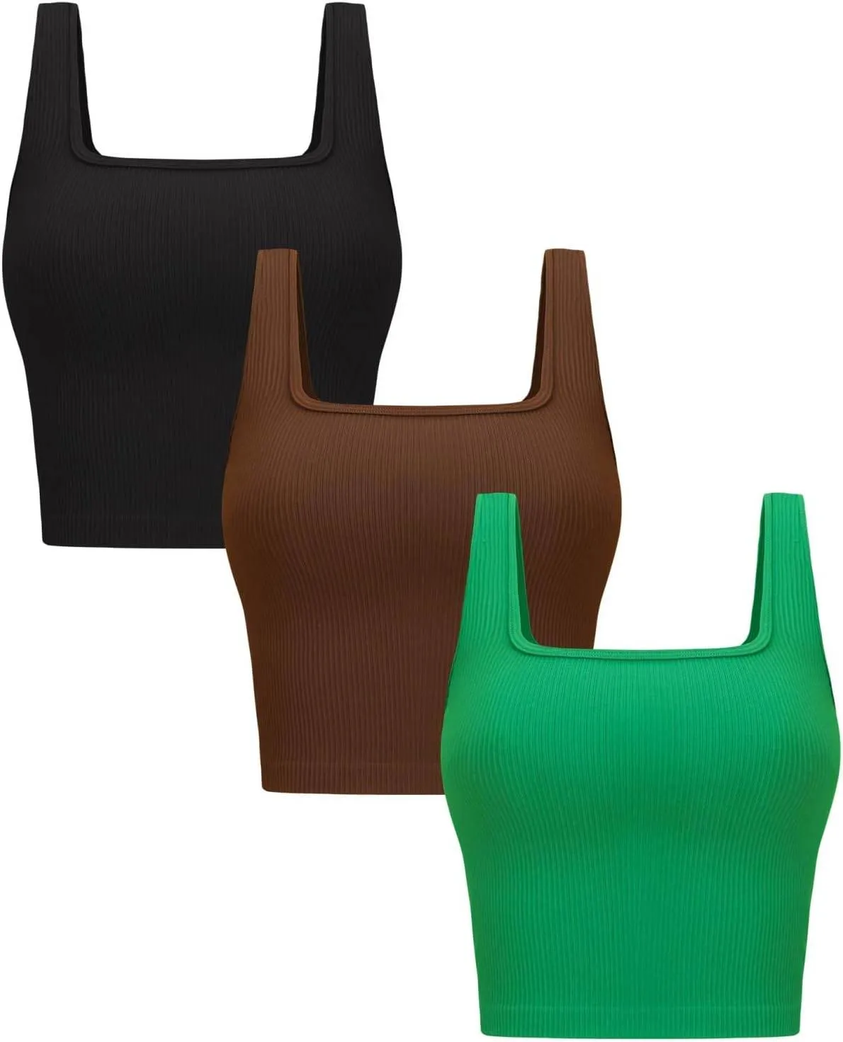 OLCHEE Womens 3 Pack Crop Tank Tops Basic Seamless Ribbed Sleeveless Square Neck Workout Top Summer Exercise Yoga Gym Shirts