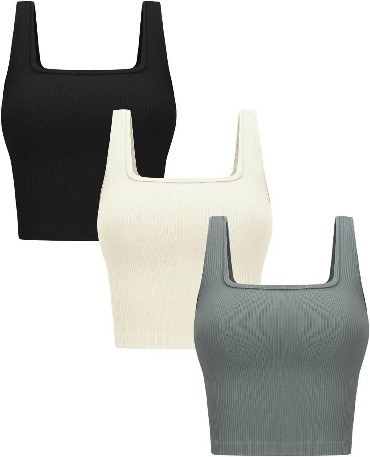 OLCHEE Womens 3 Pack Crop Tank Tops Basic Seamless Ribbed Sleeveless Square Neck Workout Top Summer Exercise Yoga Gym Shirts