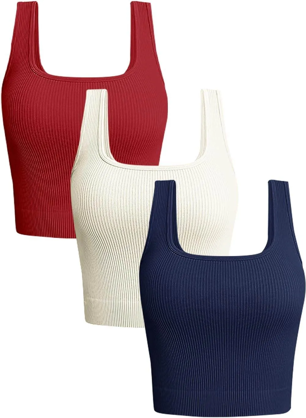 OLCHEE Womens 3 Pack Crop Tank Tops Basic Seamless Ribbed Sleeveless Square Neck Workout Top Summer Exercise Yoga Gym Shirts