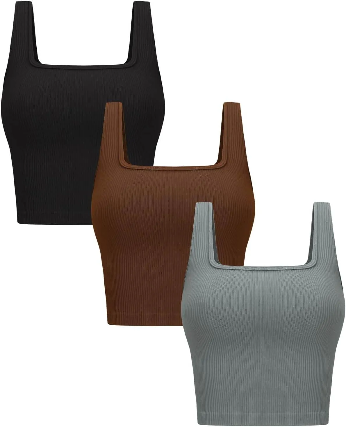 OLCHEE Womens 3 Pack Crop Tank Tops Basic Seamless Ribbed Sleeveless Square Neck Workout Top Summer Exercise Yoga Gym Shirts