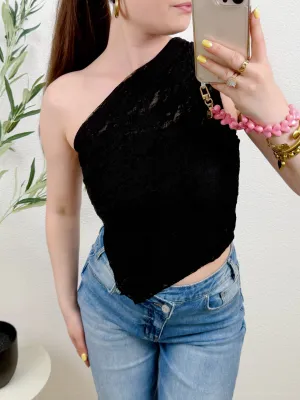 ONE SHOULDER LACE TOP | ZWART