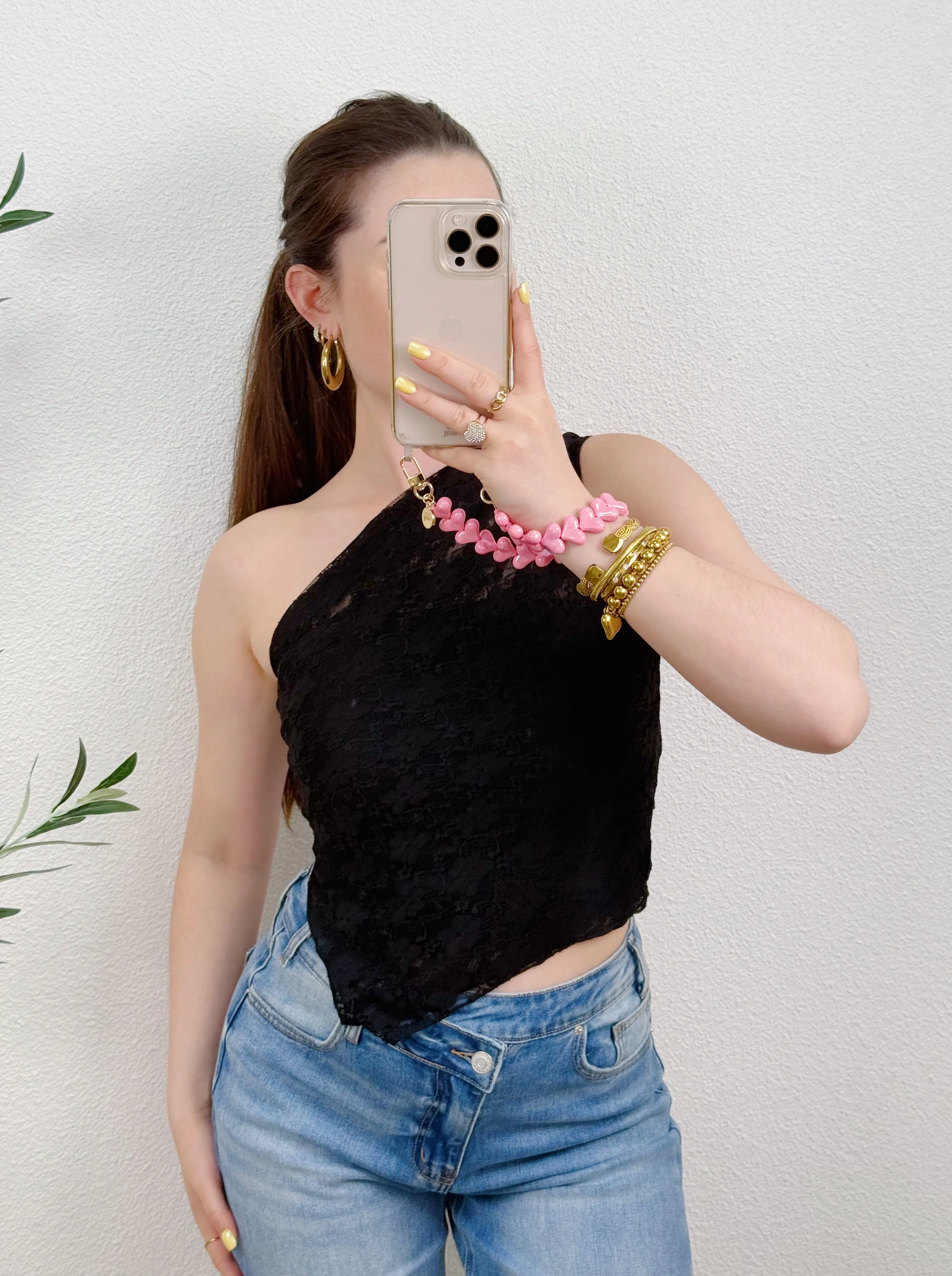 ONE SHOULDER LACE TOP | ZWART