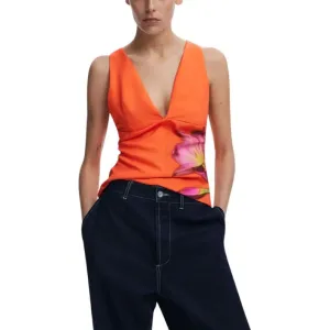 Orange Floral Print V Neck Top