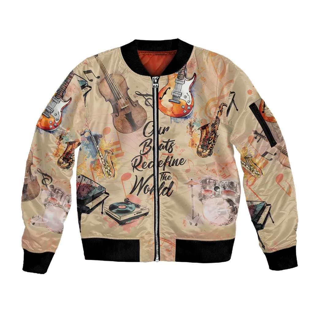 Our Beats Redefine The World African Sleeve Zip Bomber Jacket Afro Music DT03