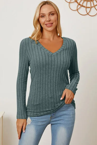 Paula Basic Bae Full Size Ribbed V-Neck Long Sleeve T-Shirt