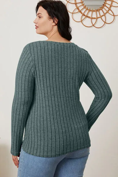Paula Basic Bae Full Size Ribbed V-Neck Long Sleeve T-Shirt