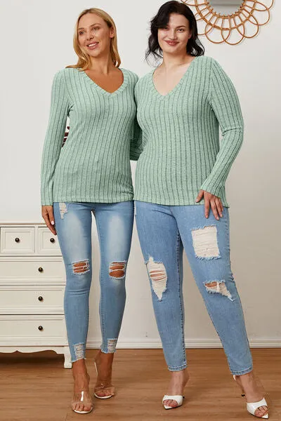 Paula Basic Bae Full Size Ribbed V-Neck Long Sleeve T-Shirt