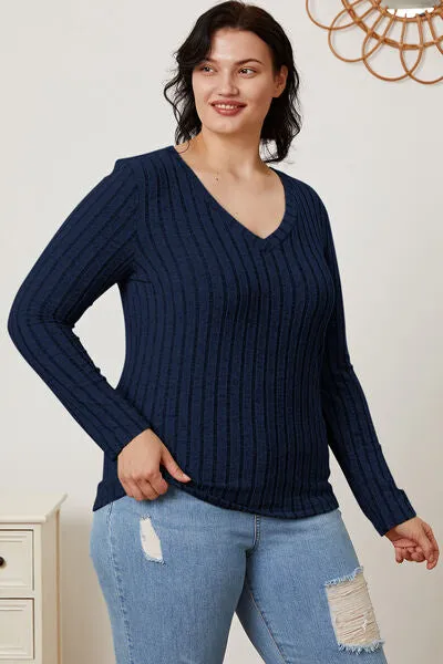 Paula Basic Bae Full Size Ribbed V-Neck Long Sleeve T-Shirt