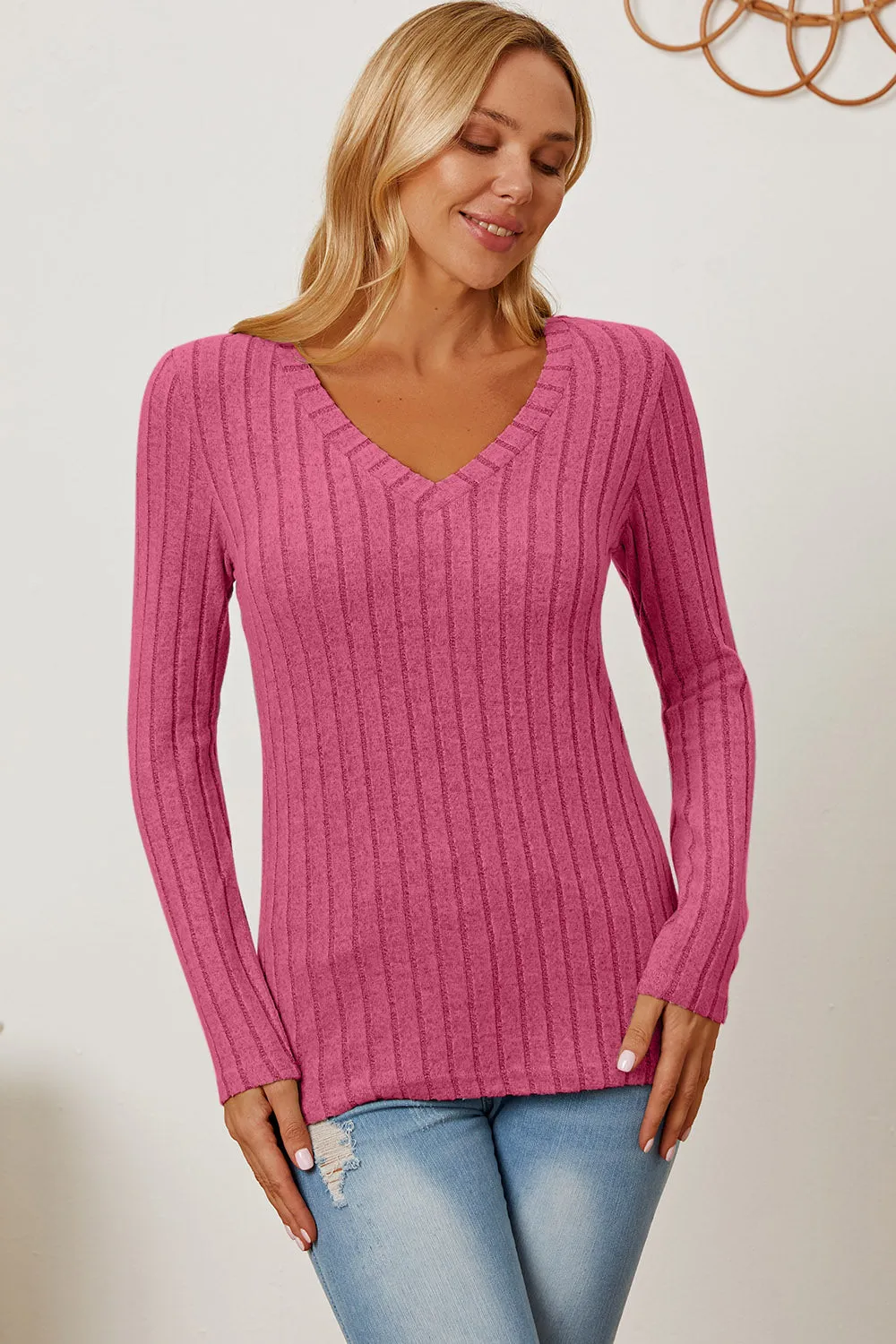 Paula Basic Bae Full Size Ribbed V-Neck Long Sleeve T-Shirt