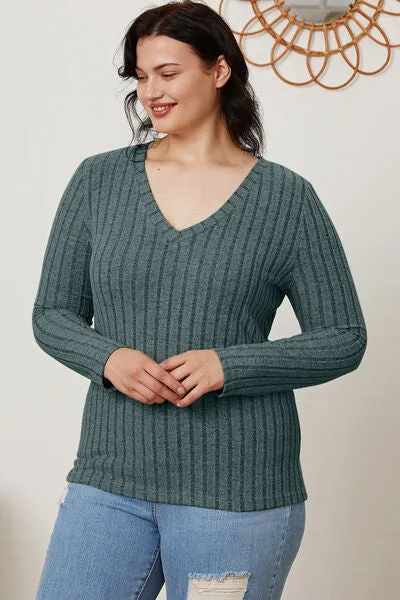 Paula Basic Bae Full Size Ribbed V-Neck Long Sleeve T-Shirt