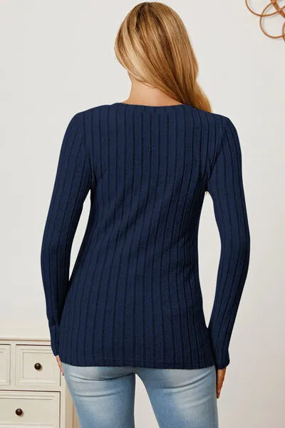 Paula Basic Bae Full Size Ribbed V-Neck Long Sleeve T-Shirt