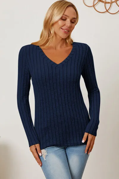 Paula Basic Bae Full Size Ribbed V-Neck Long Sleeve T-Shirt
