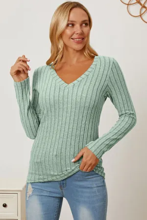 Paula Basic Bae Full Size Ribbed V-Neck Long Sleeve T-Shirt