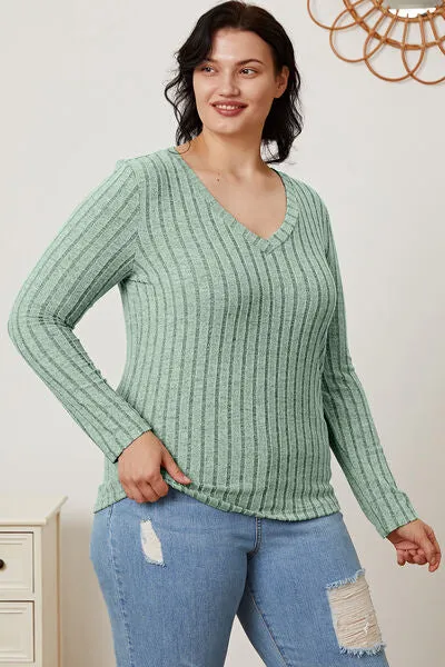 Paula Basic Bae Full Size Ribbed V-Neck Long Sleeve T-Shirt