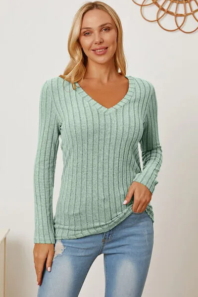 Paula Basic Bae Full Size Ribbed V-Neck Long Sleeve T-Shirt