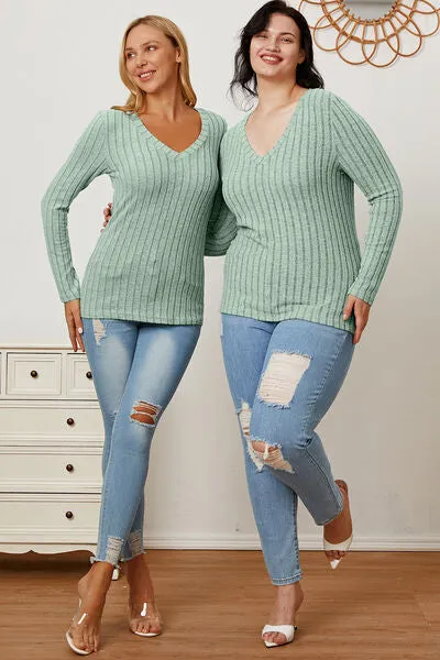 Paula Basic Bae Full Size Ribbed V-Neck Long Sleeve T-Shirt
