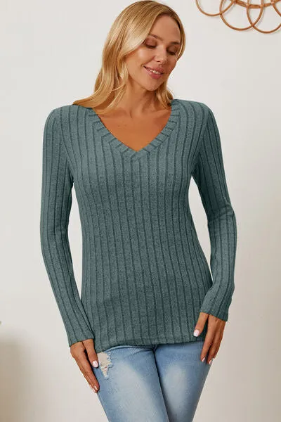 Paula Basic Bae Full Size Ribbed V-Neck Long Sleeve T-Shirt