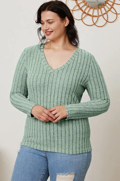 Paula Basic Bae Full Size Ribbed V-Neck Long Sleeve T-Shirt