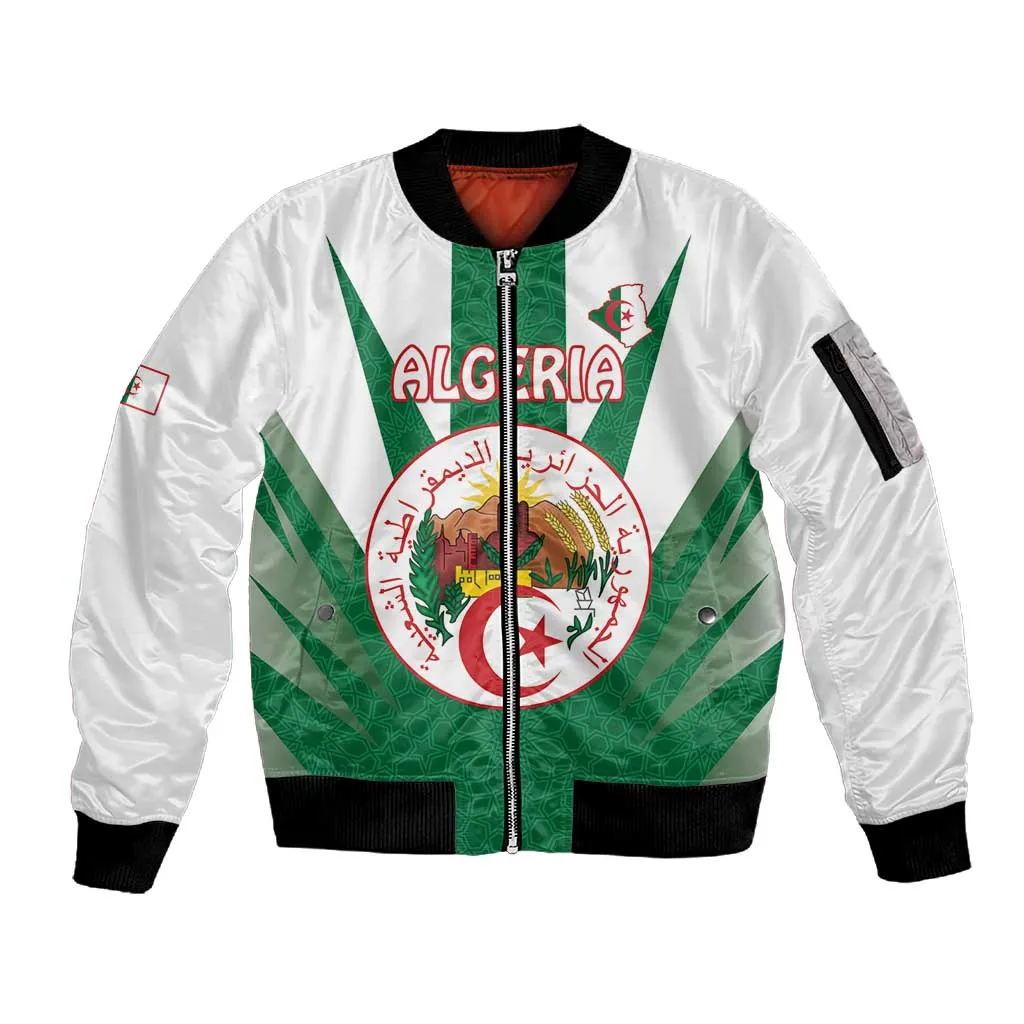 Personalised Afro Algeria Sleeve Zip Bomber Jacket Coat Of Arms With Islamic Pattern LT15