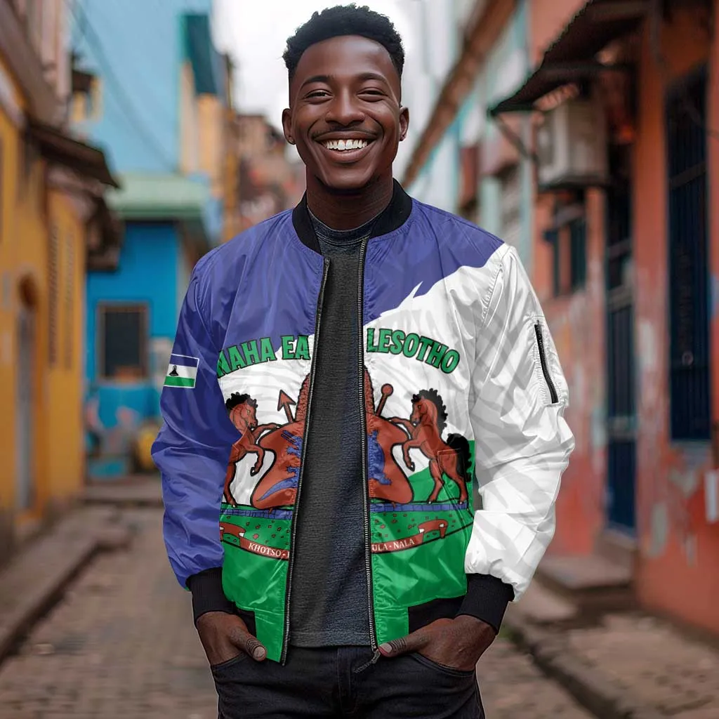 Personalised Afro Lesotho Sleeve Zip Bomber Jacket Coat Of Arms With Map - Grunge Style LT15