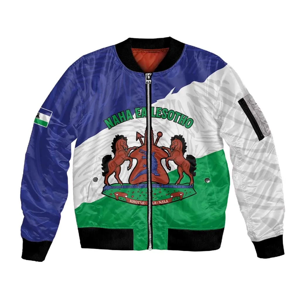 Personalised Afro Lesotho Sleeve Zip Bomber Jacket Coat Of Arms With Map - Grunge Style LT15