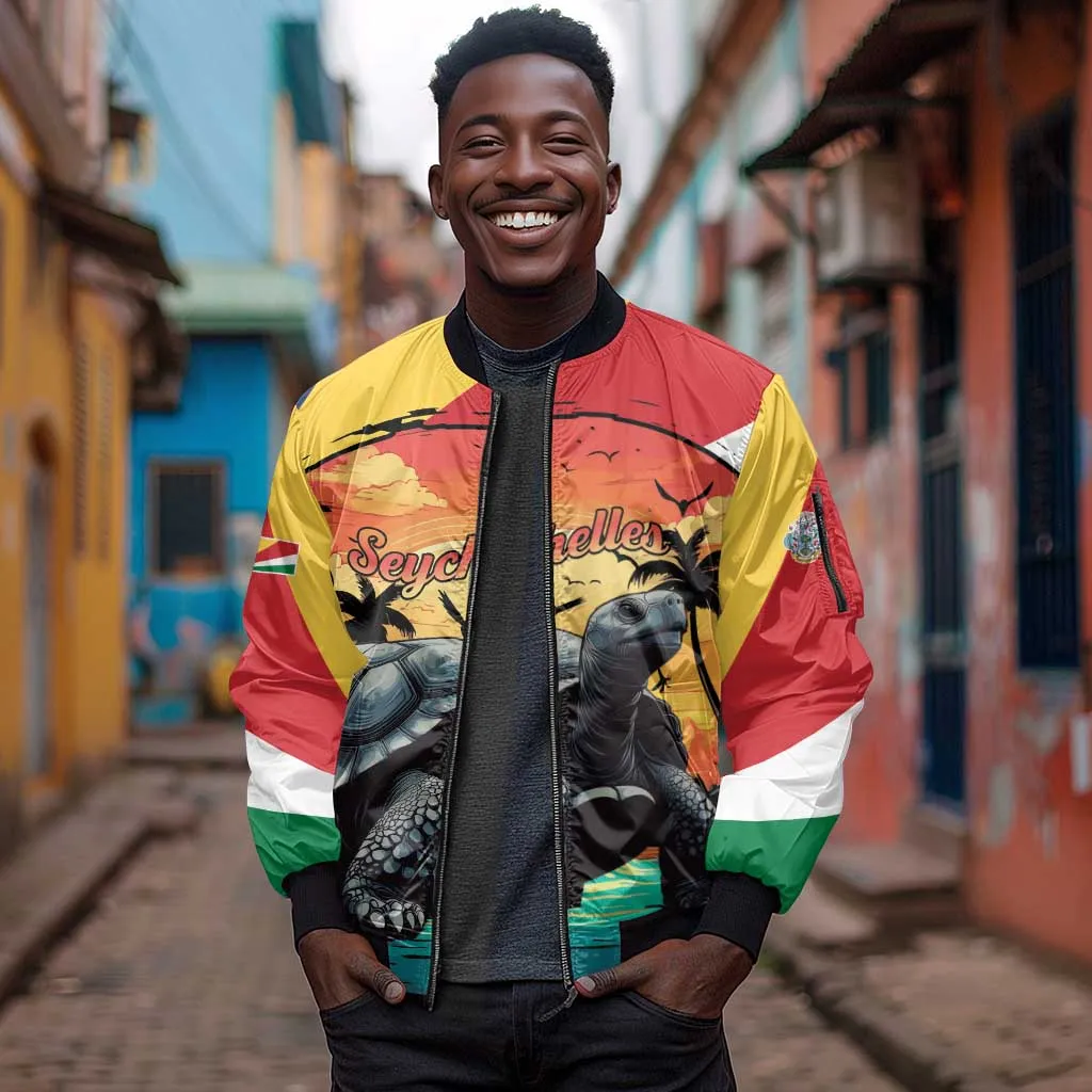 Personalised Afro Seychelles Sleeve Zip Bomber Jacket Aldabra Giant Tortoise With Beach Sunset LT15