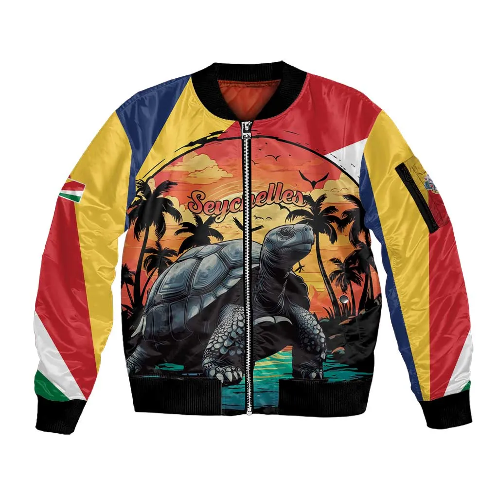 Personalised Afro Seychelles Sleeve Zip Bomber Jacket Aldabra Giant Tortoise With Beach Sunset LT15