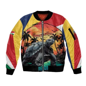 Personalised Afro Seychelles Sleeve Zip Bomber Jacket Aldabra Giant Tortoise With Beach Sunset LT15
