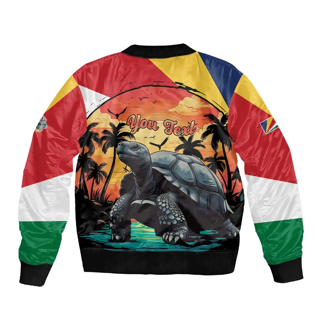 Personalised Afro Seychelles Sleeve Zip Bomber Jacket Aldabra Giant Tortoise With Beach Sunset LT15