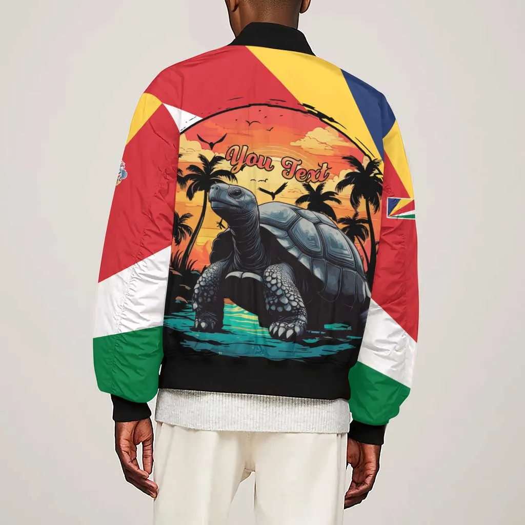 Personalised Afro Seychelles Sleeve Zip Bomber Jacket Aldabra Giant Tortoise With Beach Sunset LT15