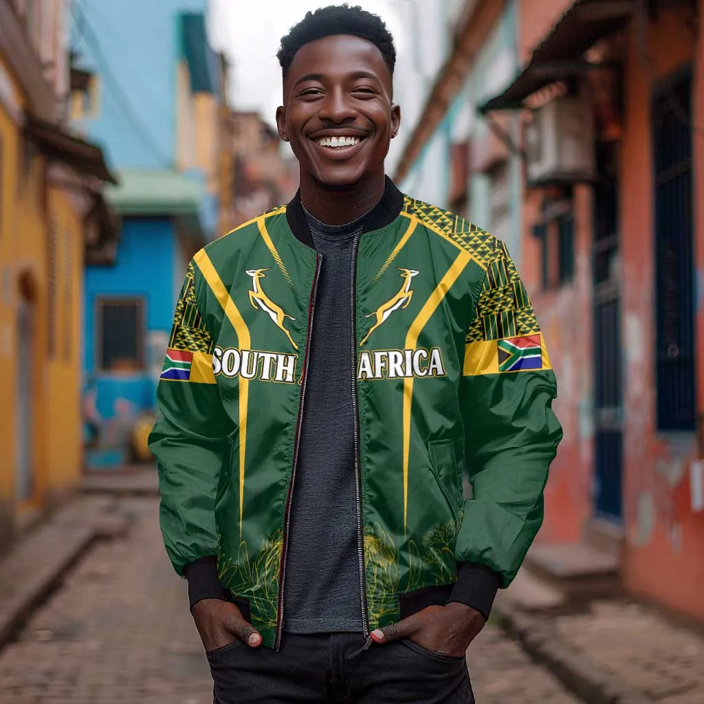 Personalised South African Heritage Day Bomber Jacket Kente Ethnic Patterns Mix Springboks LT7