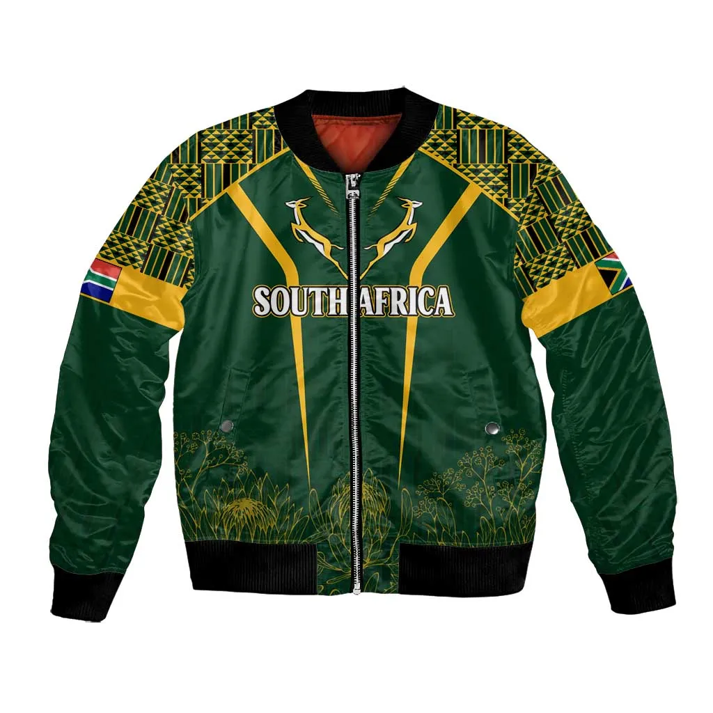 Personalised South African Heritage Day Bomber Jacket Kente Ethnic Patterns Mix Springboks LT7