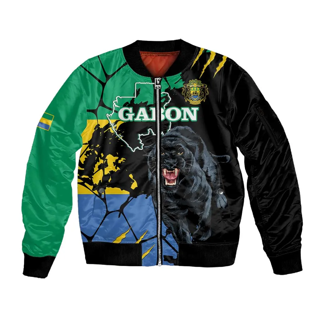 Personalized Gabon Black Panther Sleeve Zip Bomber Jacket Gabonese Map Grunge Style LT14