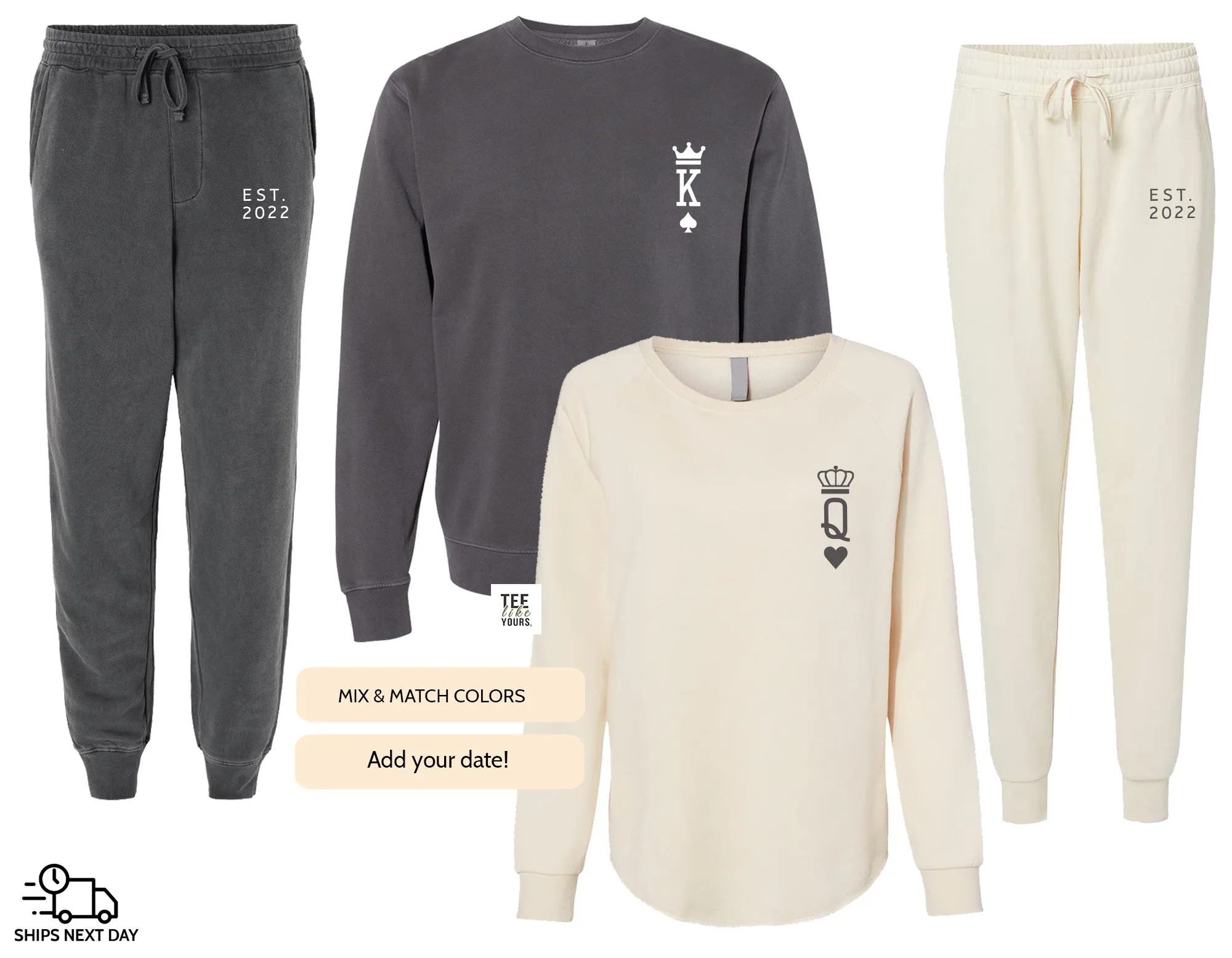 Personalized King & Queen Couple Matching Set, Print on Sweatshirt and Sweatpants Set, Wife and Husband Set, Joggers gift for Couples